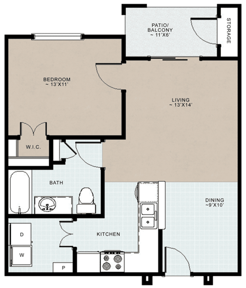 Floor plan for 1 bed, 1 bath, 709 sqft